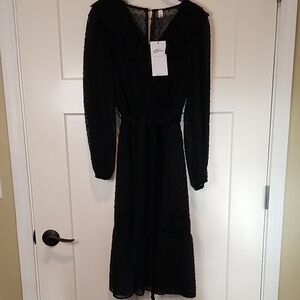 Belted Swiss Dot V Neck Long Puff Sleeve Black Dress NWT Size Large
